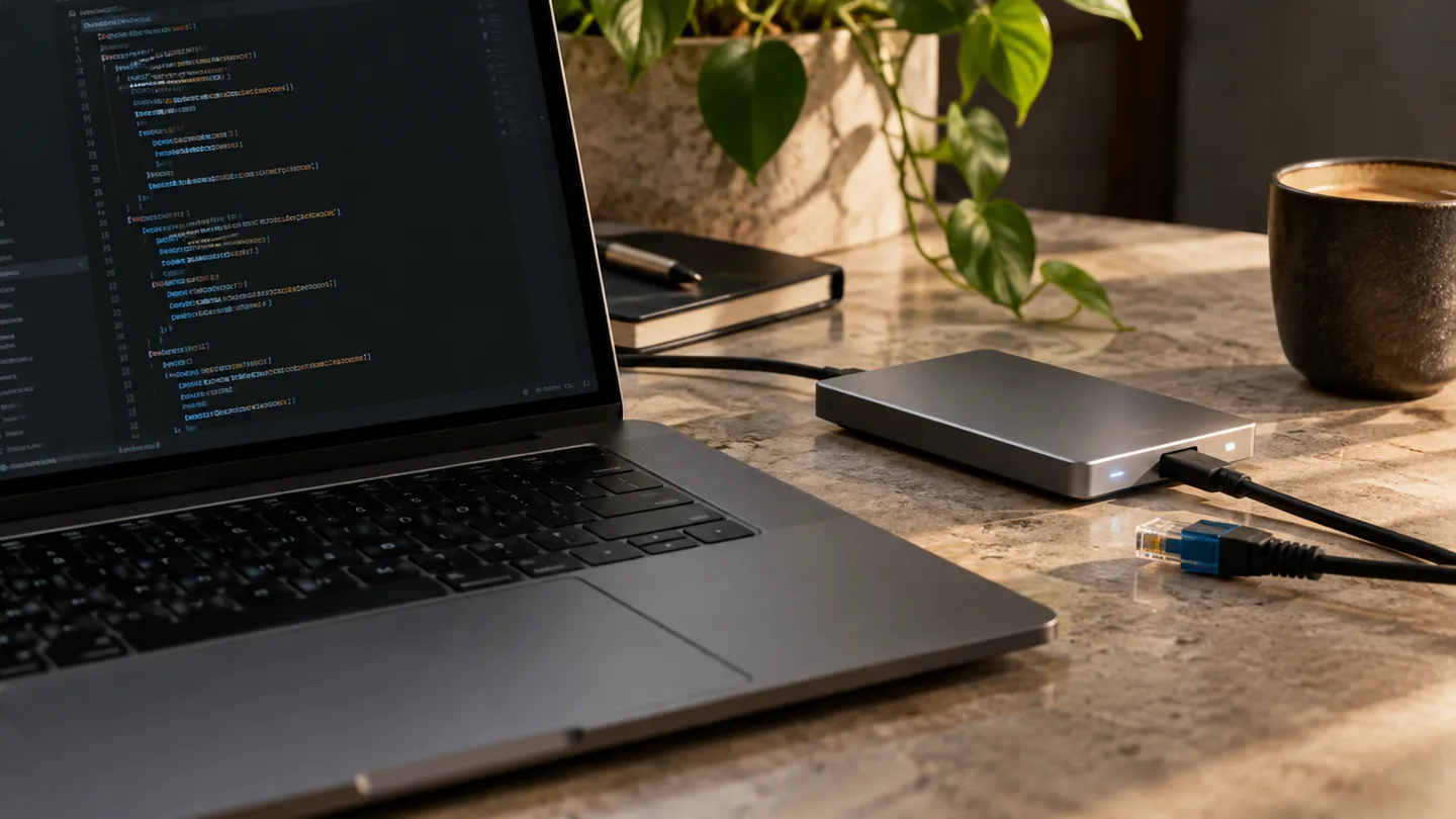 Éditeur de configuration sur un ordinateur, avec support de sauvegarde externe.