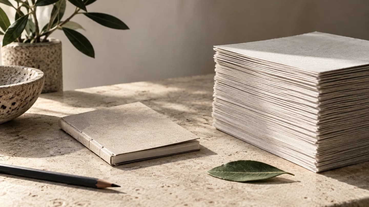 Livret compact et pile de papier, évocation d’un contenu numérique allégé.