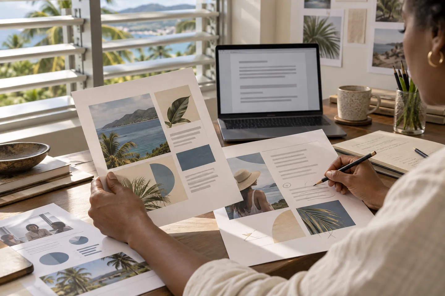 Relecture de contenus marketing sur papier avec un ordinateur en arrière-plan.