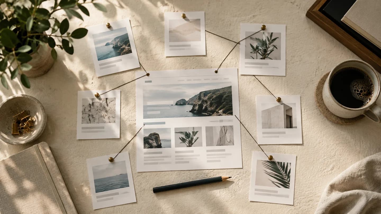 Pages et sujets reliés sur une table pour préparer une stratégie de contenu.