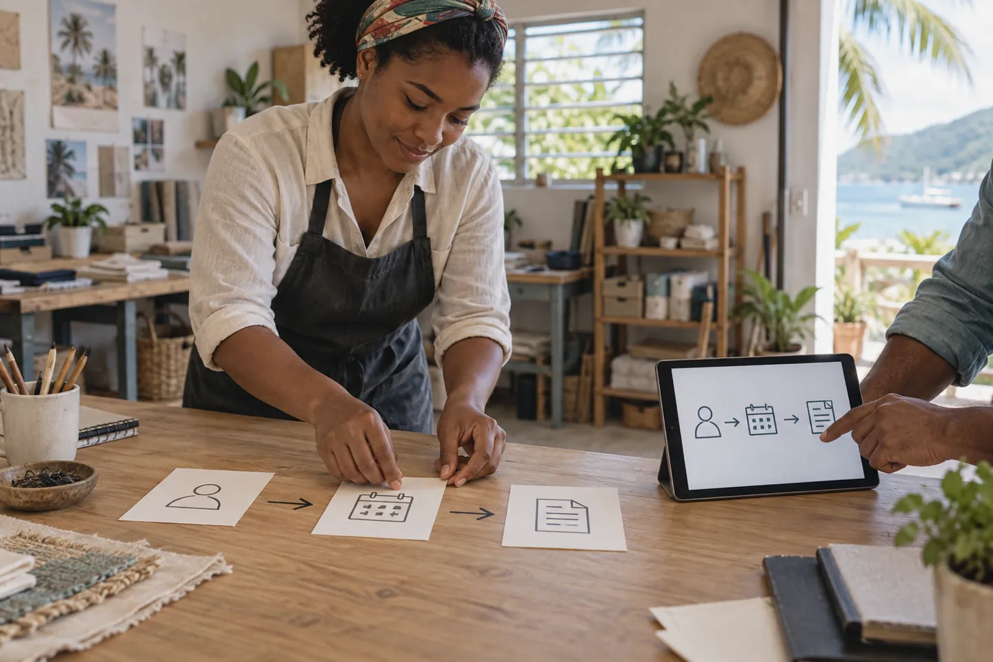 Professionnels organisant les étapes d’un processus sur papier et tablette.