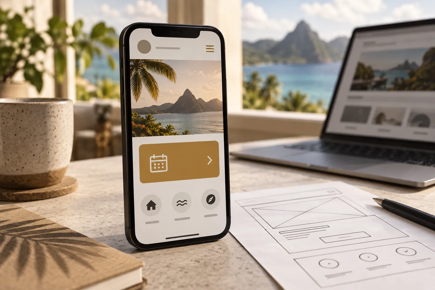 Téléphone affichant une interface de réservation simplifiée, à côté d’une maquette papier.
