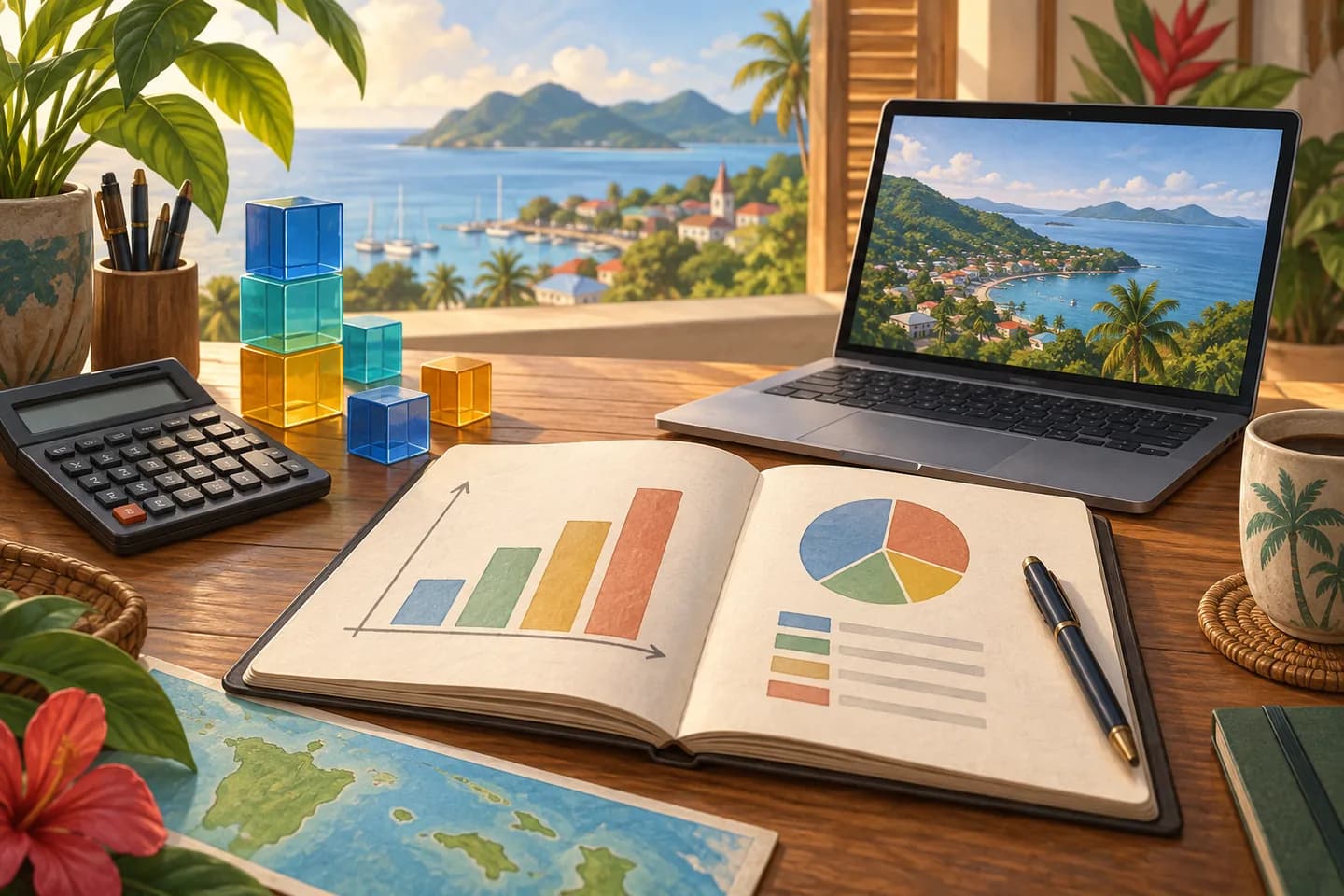 Carnet de budget, calculatrice et ordinateur pour préparer un projet d’IA.