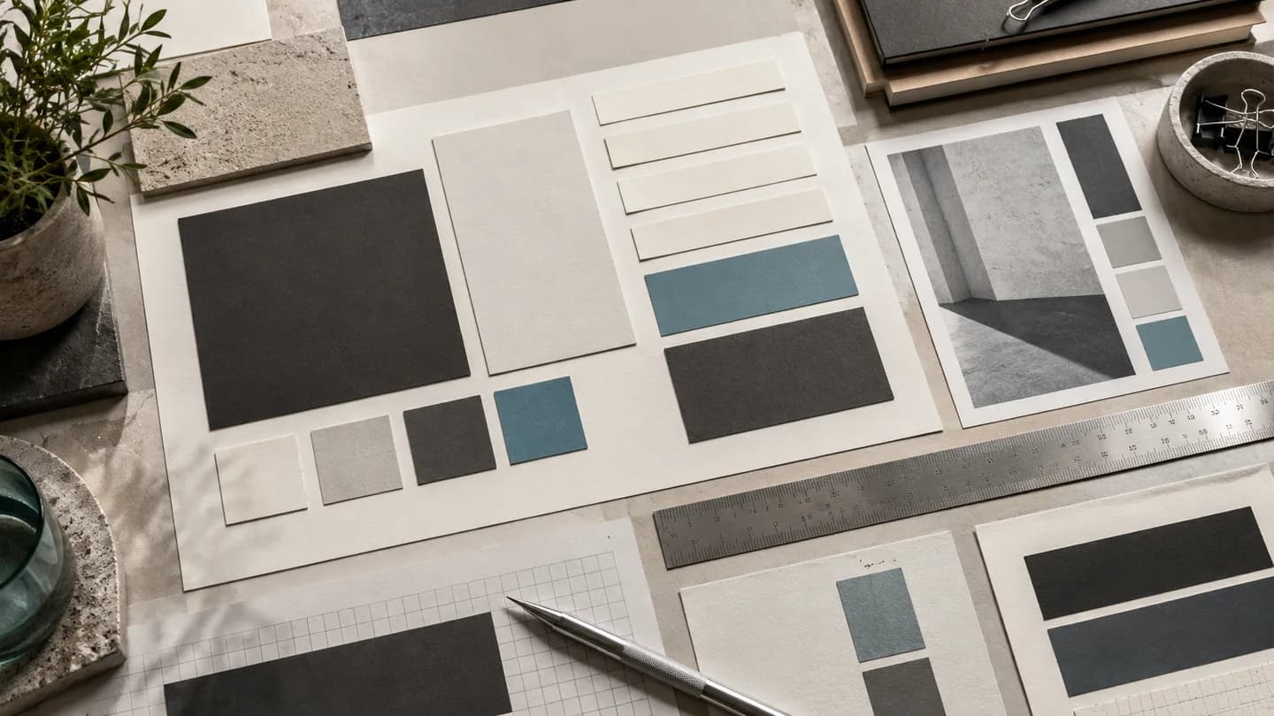 Grille de mise en page et modules papier organisés avec des espacements réguliers.