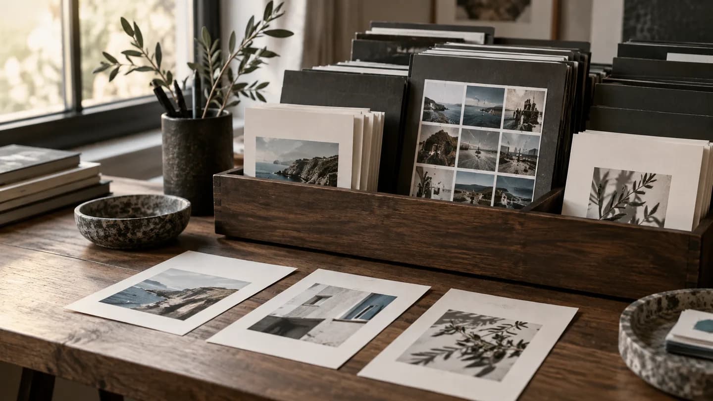 Fiches d’articles et photographies classées dans un support éditorial.