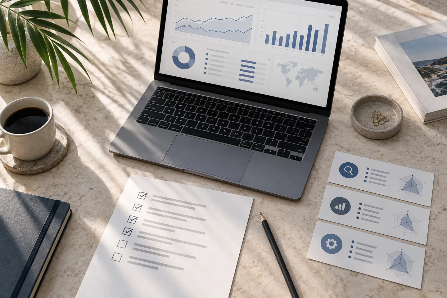Ordinateur affichant des graphiques de suivi SEO et fiches de comparaison d’outils.