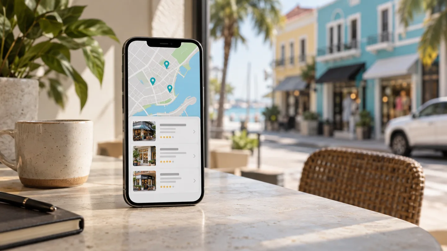 Téléphone affichant une carte et des résultats de recherche d’entreprises locales.