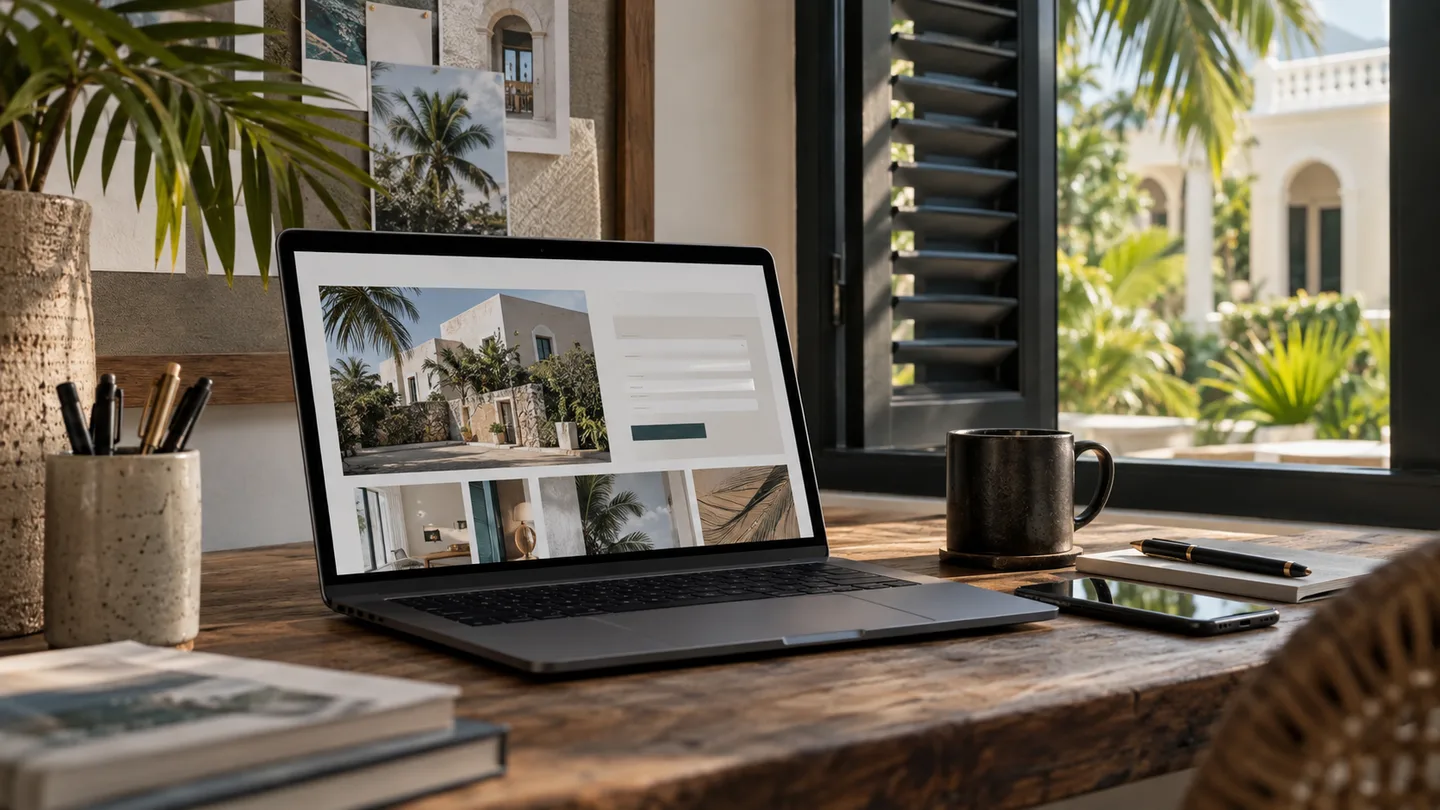 Site d’une entreprise locale présenté dans un espace de travail ouvert sur un jardin tropical.