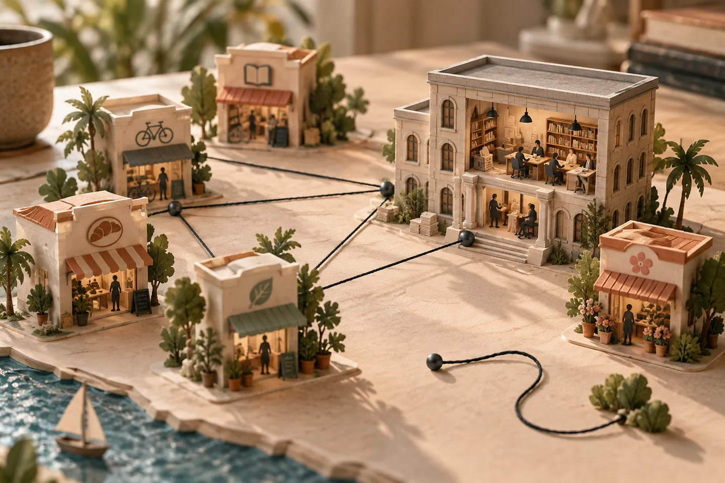 Maquette de commerces et de média reliés par des fils illustrant des liens éditoriaux pertinents.