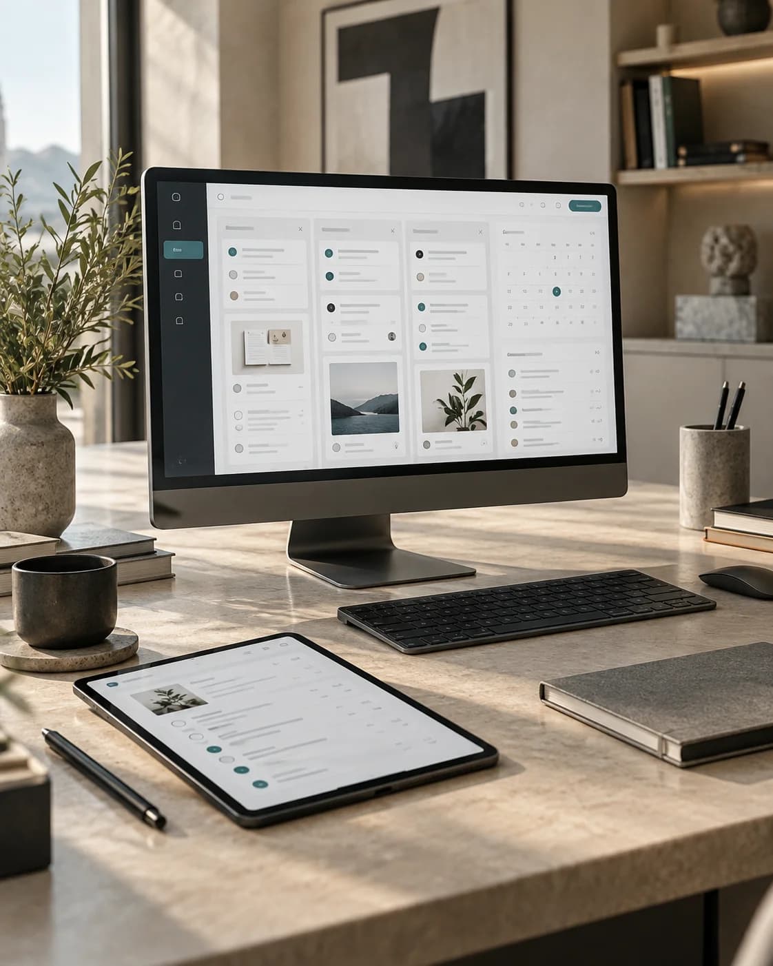 Illustration d’un espace de travail avec CRM et outils de gestion synchronisés