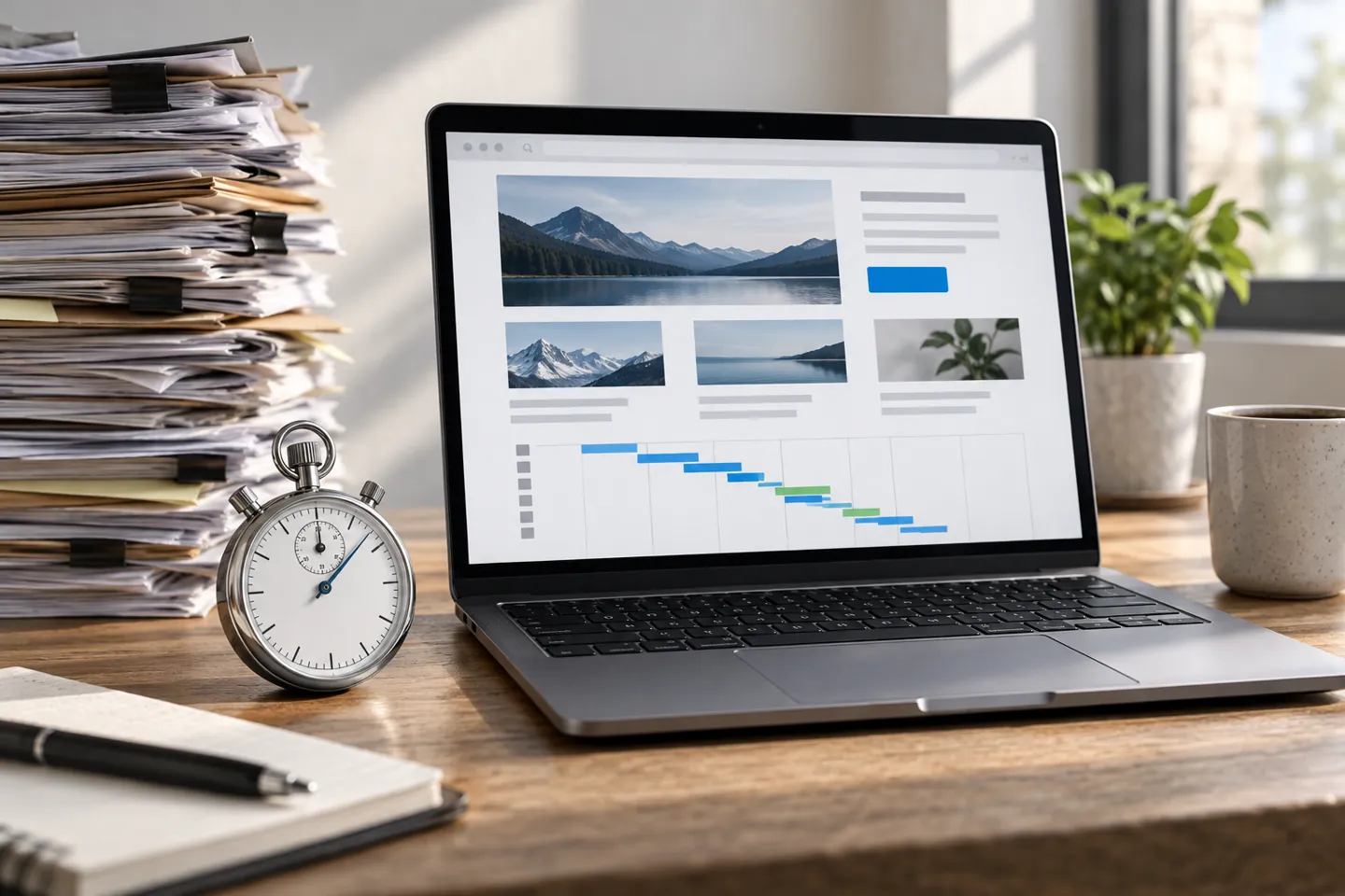 Ordinateur présentant un graphique de chargement à côté d’un chronomètre.