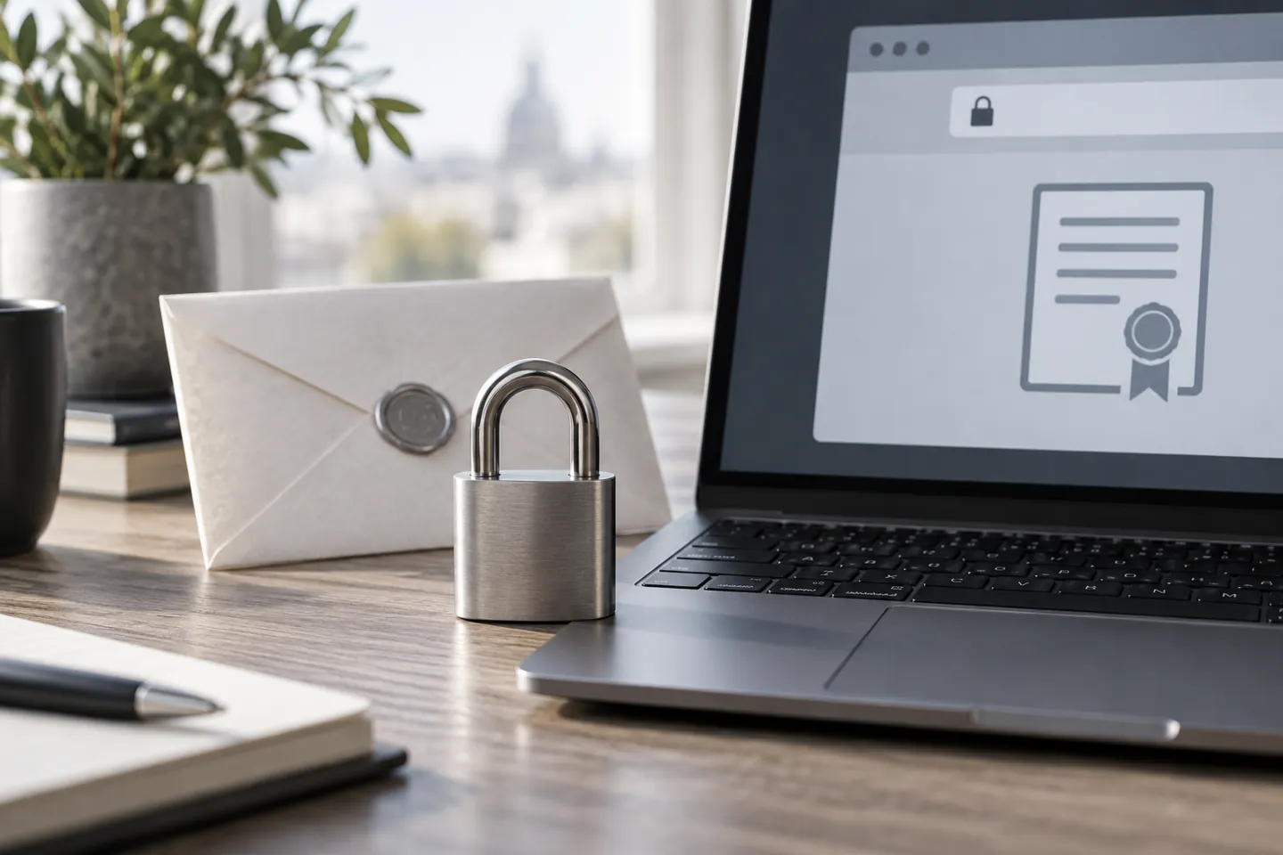 Cadenas et enveloppe scellée à côté d’un écran illustrant un certificat.