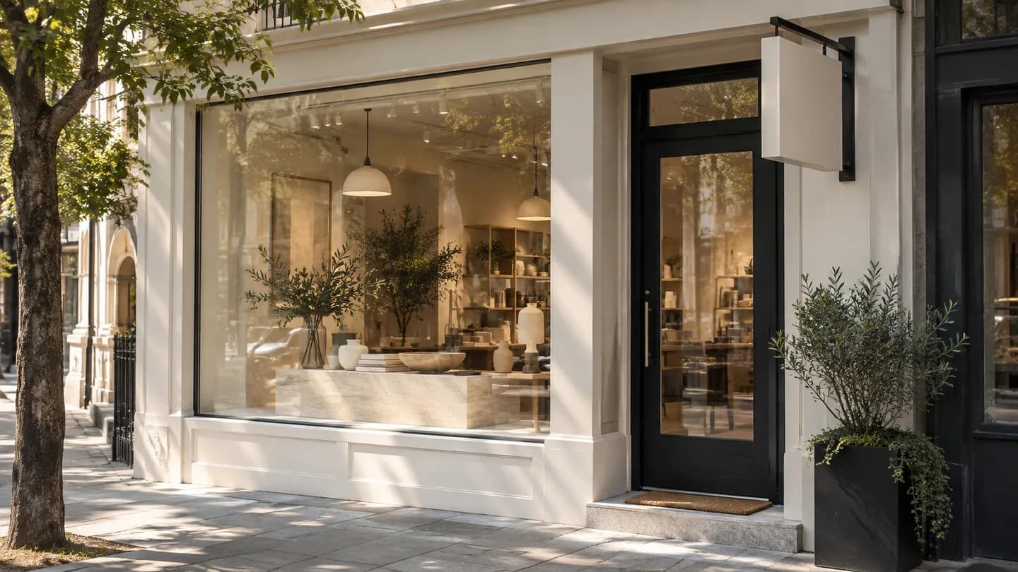 Vitrine d’un commerce indépendant, métaphore de la présence en ligne d’une entreprise.