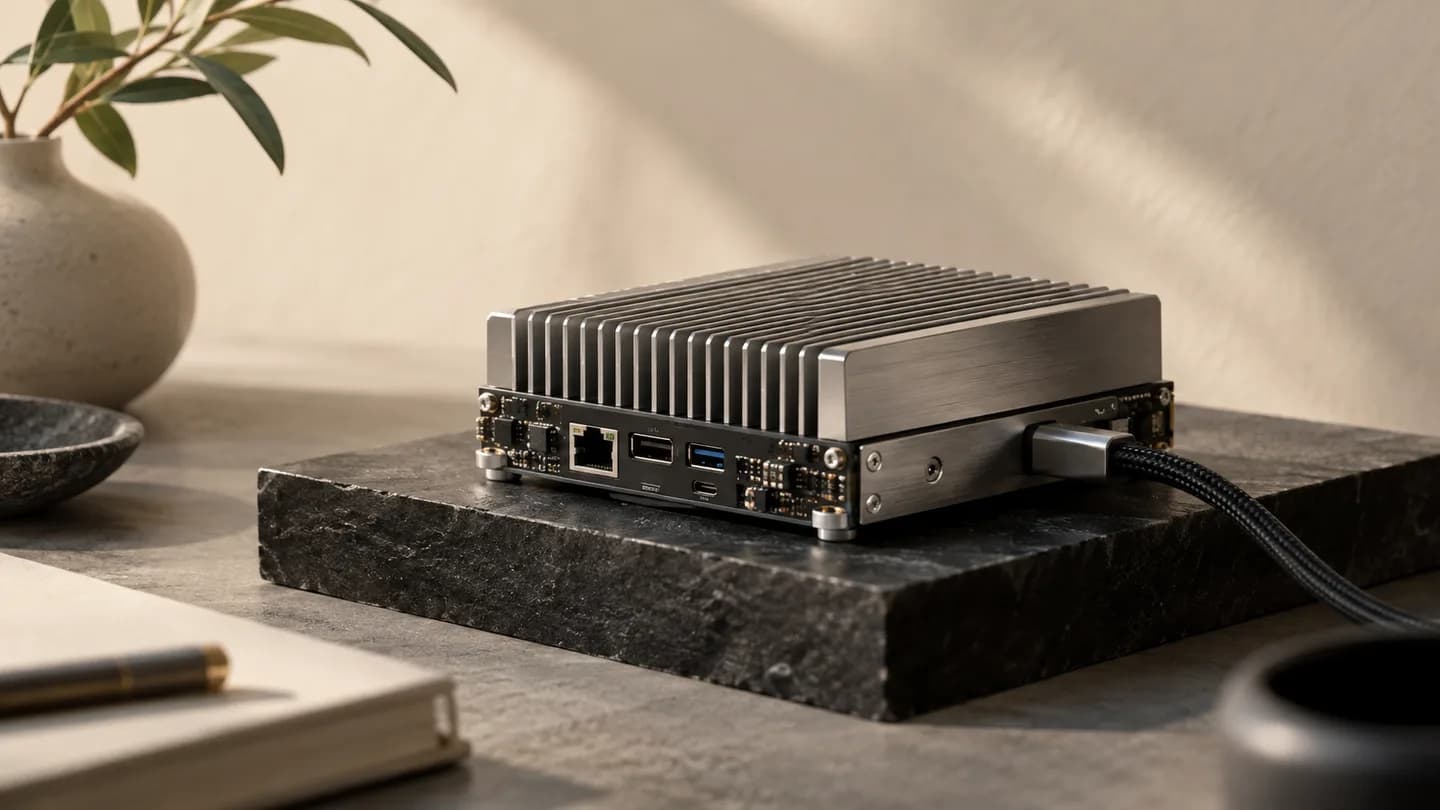 Module informatique compact et composants électroniques photographiés en détail.