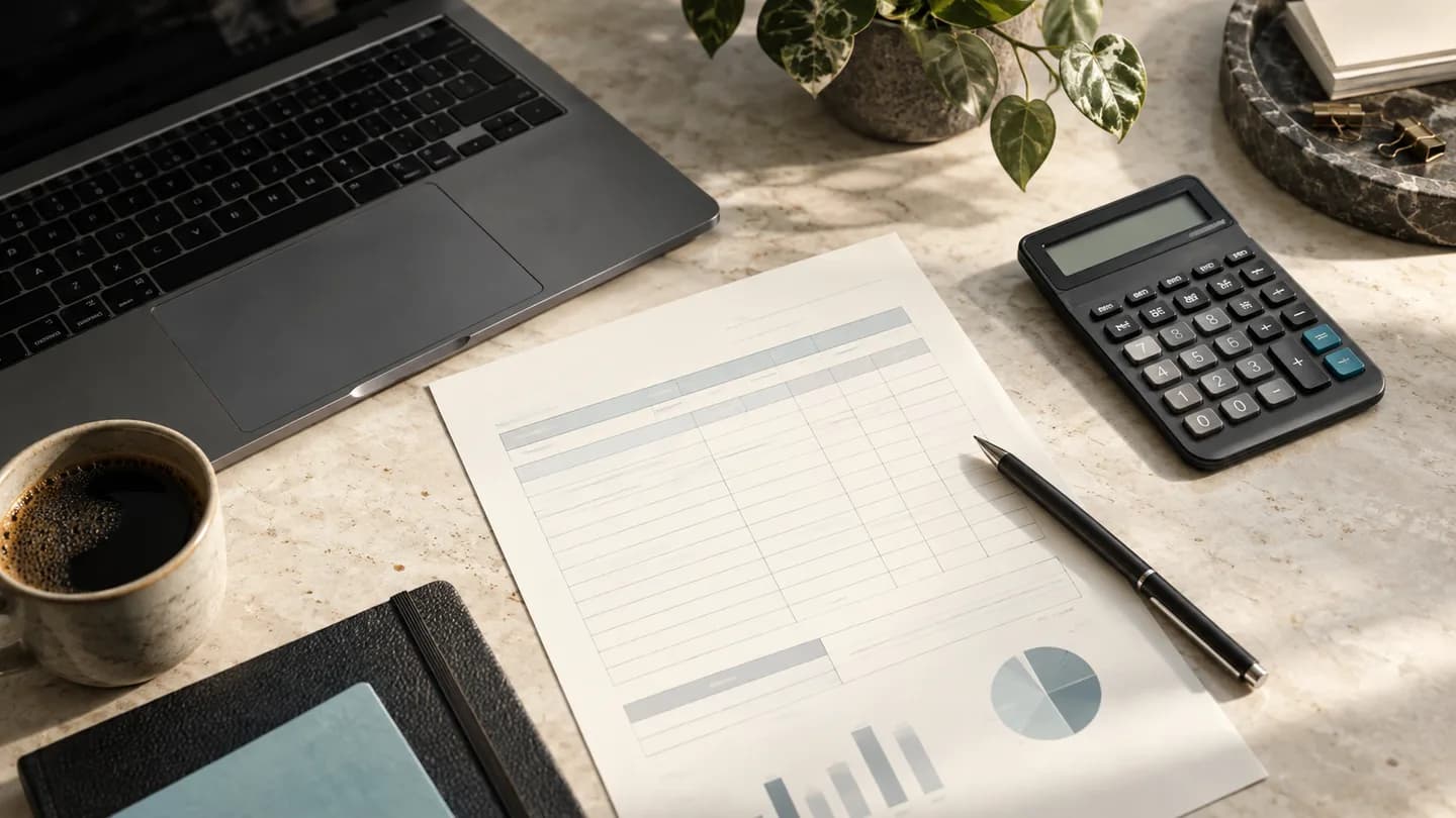 Ordinateur, calculatrice et feuille de budget pour préparer un projet d’IA.