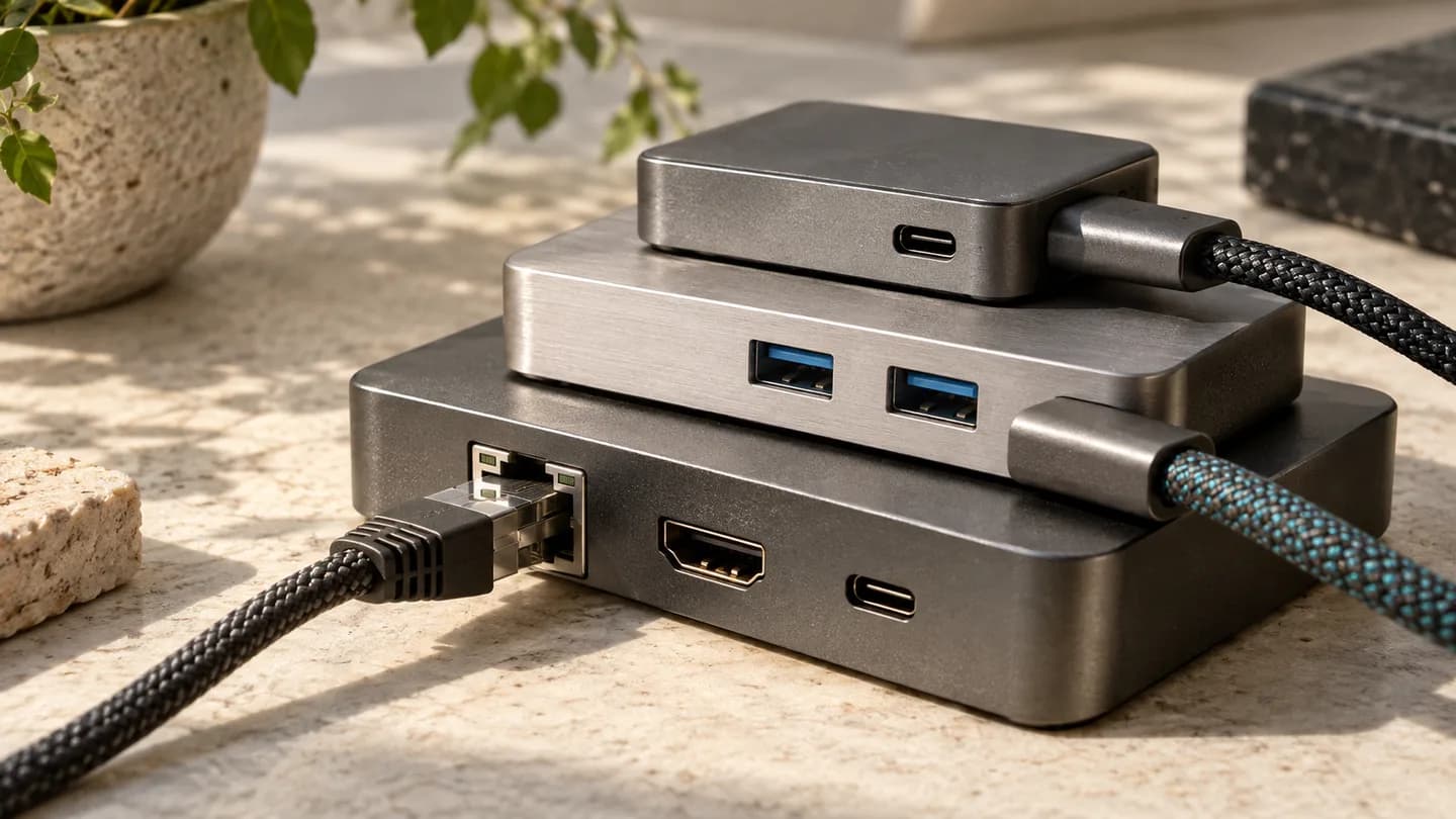 Connecteurs et câbles reliés à un petit hub, évocation des échanges entre applications.